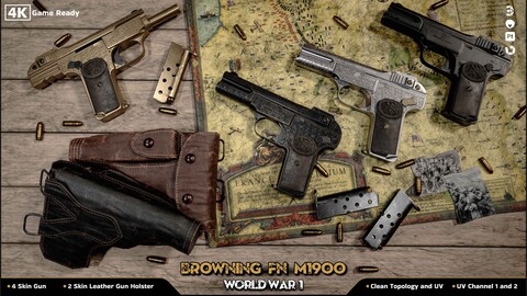 Browning FN M 1900 Colt World War / 3D Model + Full Tutorial