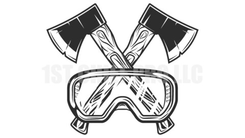 Wooden axe construction builder tool vector illustration. Crossed metal ax with handle made of wood and glasses. Element for business woodworking or lumberjack emblem or icon.