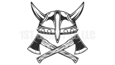 Viking helmet and crossed metal ax with handle made of wood vector illustration. Wooden axe construction builder tool. Element for business woodworking or lumberjack emblem or icon.
