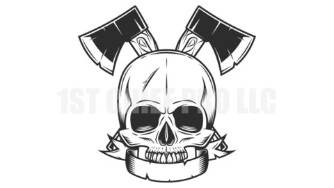 Half skull and crossed metal ax with handle made of wood vector illustration. Wooden axe construction builder tool. Element for business woodworking or lumberjack emblem or icon with ribbon.