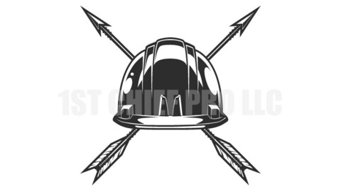 Construction hard hat and vintage hunting arrow in monochrome style vector illustration. Design element for label or sign and emblem