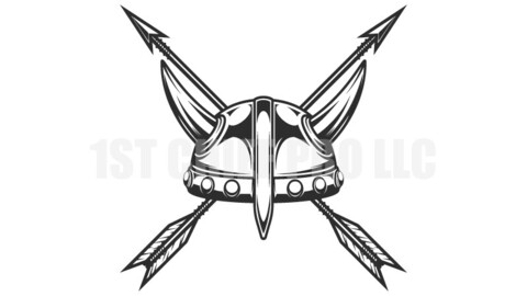 Viking helmet and vintage hunting arrow in monochrome style vector illustration. Design element for label or sign and emblem