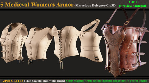 5 Medieval Women's Armor/Marvelous Designer-Clo3D(ZPRJ + FBX + OBJ)+GIFT(Preview Material+Textures)