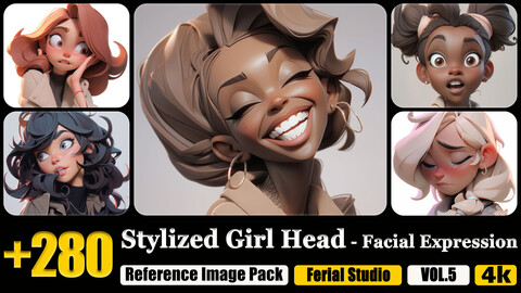 280 Stylized Girl Head - Facial Expression Reference Image Pack v.5