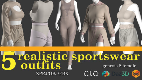 5 in 1 realistic female sportswear outfits/activewear (marvelous designer_clo3d_daz3d/obj/fbx/zprj)