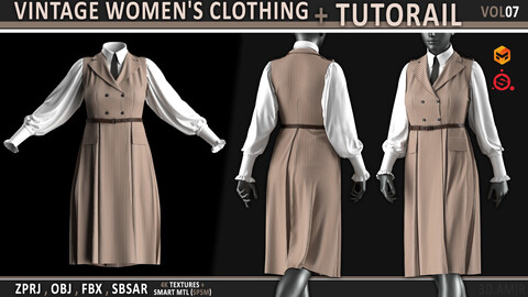 Vintage women's clothing - VOL07 / Clo3d(MD) ProJect + Sbsar File (The project is baked) + Video Tutorial