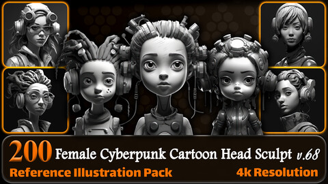 200 Female Cyberpunk Cartoon Head Sculpt Reference Pack | 4K | v.68