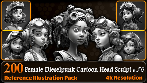 200 Female Dieselpunk Cartoon Head Sculpt Reference Pack | 4K | v.70