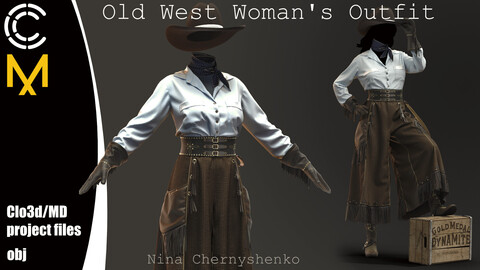 Old West Woman's Outfit. Marvelous Designer/Clo3d project + OBJ.