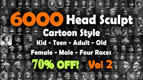 6000 Cartoon Head Sculpt / Kid - Teen - Adult - Old / Four Races Reference Pack | MEGA Bundle | 4K | v.2
