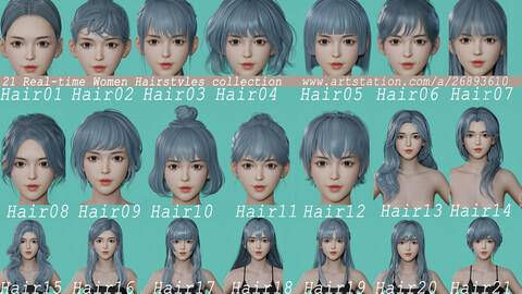 21 Real-time Women Hairstyles collection 01 lowpoly hair stylized anime head woman female blonde brunette beautiful wig female hair female character hairstyle haircut human real time ingame unreal