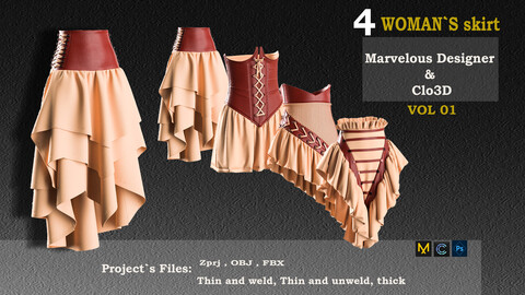 4 Woman`s skirt desiged by marvelous and clo3d  vol1( ZPRJ, OBJ, FBX )
