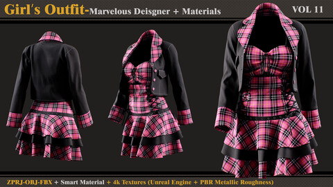 Girl's Outfit- Marvelous Designer/Clo3d + Smart Material + 4K Textures + OBJ + FBX (vol 11)