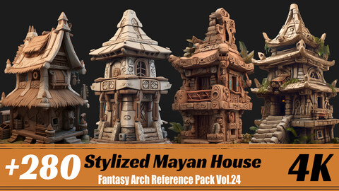+280 Stylized Mayan House | 4K | Fantasy Arch Reference Pack Vol.24