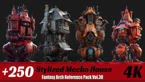 +250 Stylized Mecha House | 4K | Fantasy Arch Reference Pack Vol.30