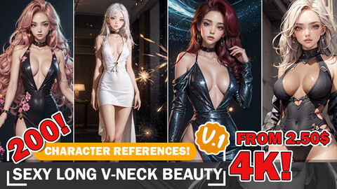 200 Sexy Long V-Neck Dress Beauties | 4K Reference Art Collection | Alluring Fashion Inspiration