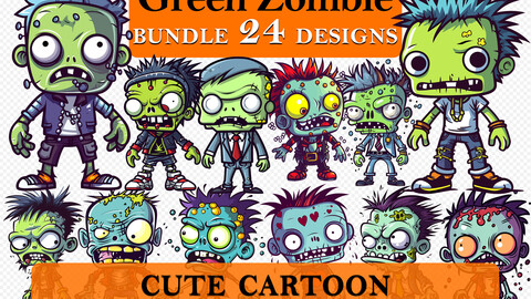 24 Zombie Cute Cartoon Clipart Bundle, Spooky Green Zombie Graphics, Halloween Paper Craft, Zombie Decor art, Halloween Printable Art, Wall Decor, Party Decorations, Commercial Use