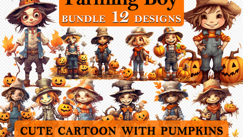 12 Farming Boy with Pumpkins Halloween Cute Cartoon Clipart Bundle, Spooky Farming Graphics, Halloween Paper Craft, Pumpkin Decor art, Halloween Printable Art, Wall Decor, Party Decorations, Commercial Use