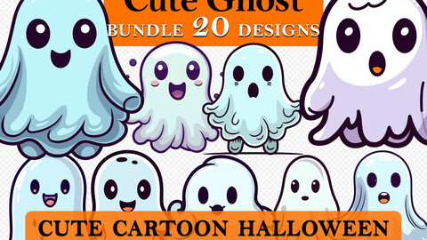 20 Cute Ghost Halloween Cartoon Clipart Bundle, Spooky Ghost Graphics, Halloween Paper Craft, Ghost Decor art, Halloween Printable Art, Wall Decor, Party Decorations, Commercial Use