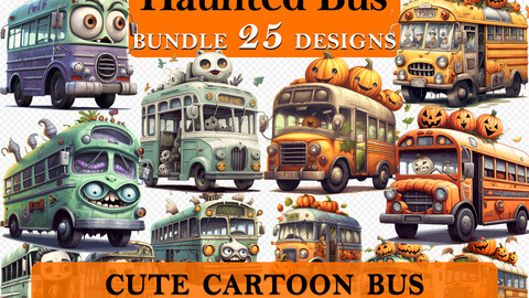 25 Haunted Bus Halloween Cute Cartoon Clipart Bundle, Spooky School Bus Graphics, Halloween Paper Craft, Pumpkin Decor art, Halloween Printable Art, Wall Decor, Party Decorations, Commercial Use