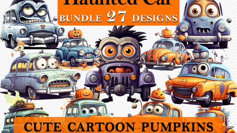 27 Haunted Car Halloween Cute Cartoon Clipart Bundle, Spooky Cars Graphics, Halloween Paper Craft, Car Decor art, Halloween Printable Art, Wall Decor, Party Decorations, Commercial Use