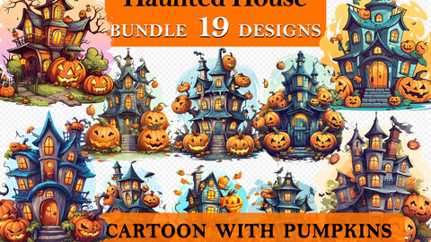 19 Haunted House with Pumpkin Halloween Cute Cartoon Clipart Bundle, Spooky House Graphics, Halloween Paper Craft, Pumpkin Decor art, Halloween Printable Art, Wall Decor, Party Decorations, Commercial Use