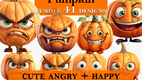 41 Pumpkins Halloween Cute Happy and Angry Cartoon Clipart Bundle, Spooky Pumpkin Graphics, Halloween Paper Craft, Pumpkin Decor art, Halloween Printable Art, Wall Decor, Party Decorations, Commercial Use, PNG SVG