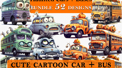 52 Haunted Cars and Buses Halloween Cute Cartoon Clipart Bundle, Spooky School Bus Graphics, Halloween Car Paper Craft, Bus Decor art, Halloween Printable Art, Wall Decor, Party Decorations, Commercial Use, PNG SVG