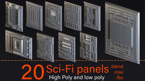 20 Sci-Fi Panels- High poly and Low poly