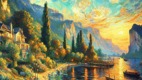 Painted with oil brush strokes landscape sunset vivid colors