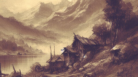 Digital art style pencil landscape background old antique pen artwork