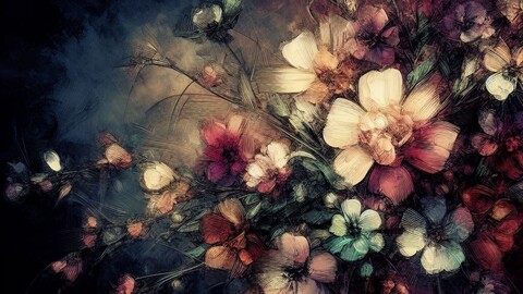 Digital art style painting in oil watercolor flowers flower set soft colours rusty