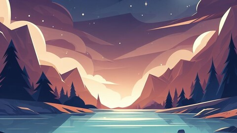 Digital art style vector background lanscape moutains lake night scenary 4k