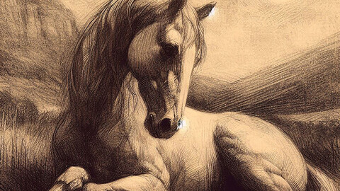 Digital art style drawing horse sit pen pencil black 4k animal old older paint handmade