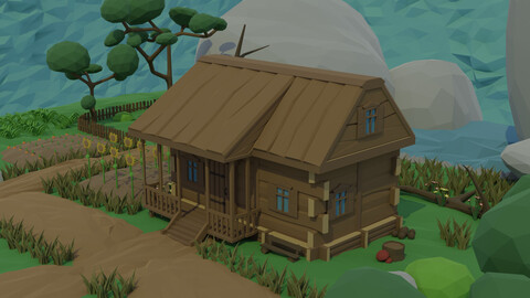 Low-poly Cartoon Polygonal wood house