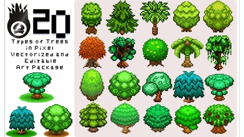 20 types of trees in vector and editable pixel art pack