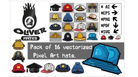 Pack of 16 editable vectorized pixel art hats, Vector Pixelarte.