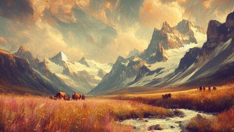 Digital art style painting in oil watercolor background lanscape mountains trees clouds scenary warm colours