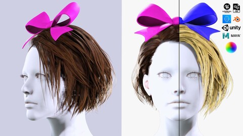 Female Bob Hair With Rebbons-Bow Low-poly