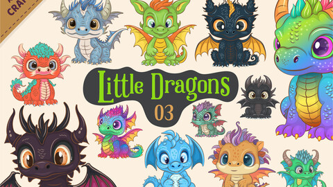 Set of Cartoon Dragons 03. Fantasy clipart.