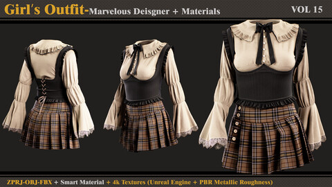 Girl's Outfit- Marvelous Designer/Clo3d + Smart Material + 4K Textures + OBJ + FBX (vol 15)