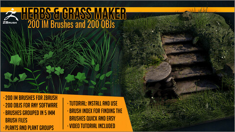 Herbs and Grass Maker 200 ZBrush IM Brushes and 200 OBJs