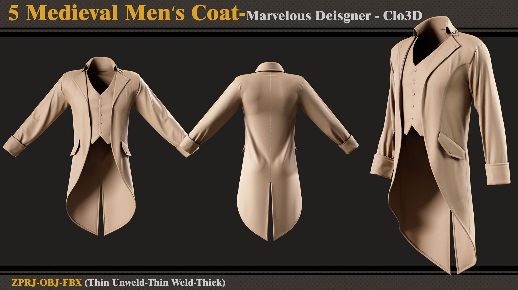 5 Medieval Men's Coat/Marvelous Designer-Clo3D(ZPRJ + FBX + OBJ)