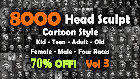 8000 Cartoon Head Sculpt / Kid - Teen - Adult - Old / Four Races Reference Pack | SUPER MEGA Bundle | 4K | v.3