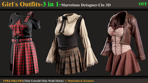 3 in 1 Girl's Outfits- MD/Clo3d (OBJ + FBX +ZPRJ)+Materials+Textures(vol5-OFF)