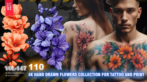 110 4K HAND DRAWN FLOWERS COLLECTION FOR TATTOO AND PRINT - HIGH END QUALITY RES - (TRANSPARENT & ALPHA ) - VOL147