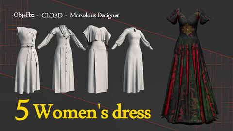 5 Women's Dress - Obj+Fbx+Zprj+Clo3d -- VOL01