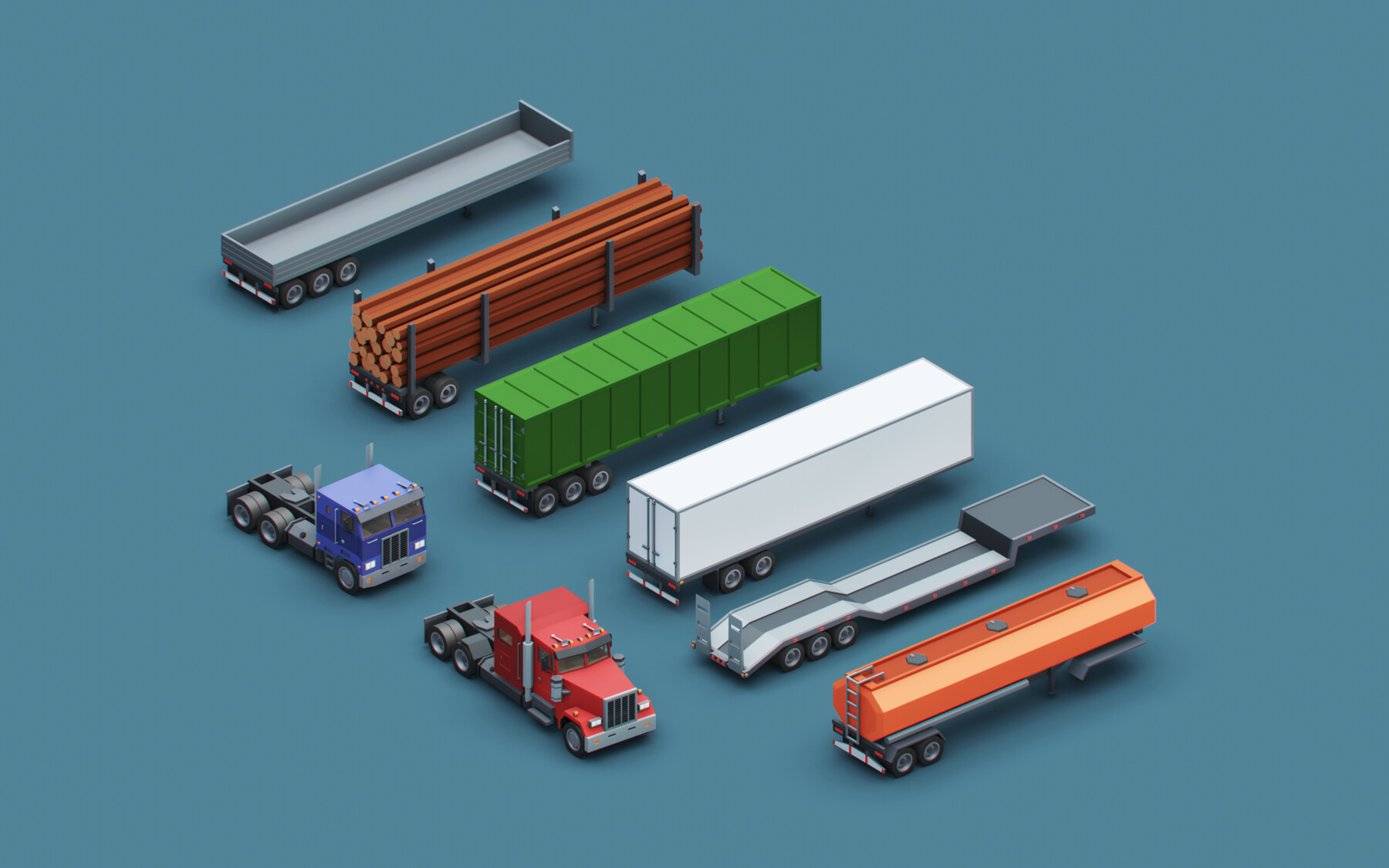 Low poly stylized 2 semi trucks and 6 types of trailers