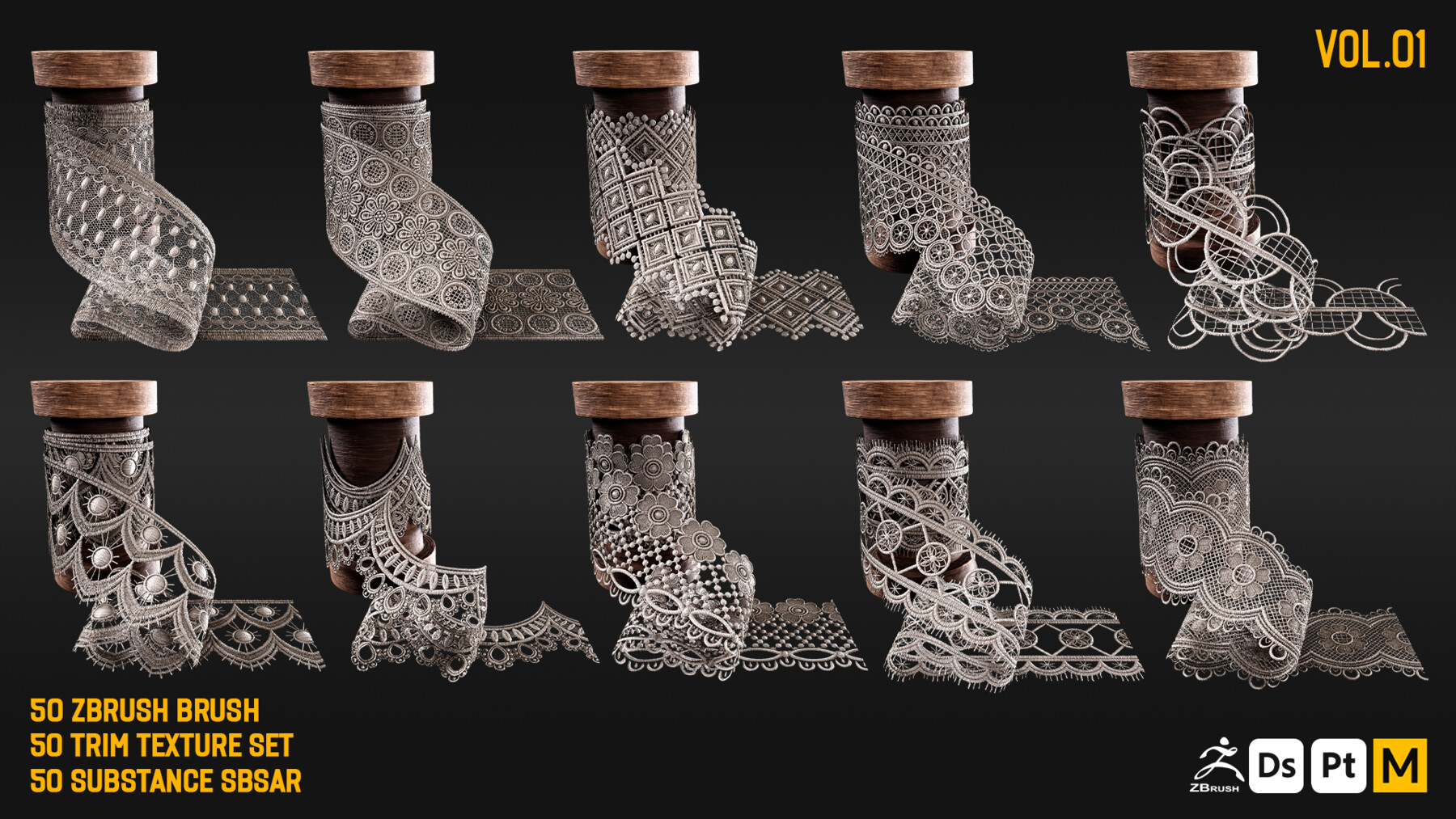 ArtStation - 50 Lace Fabric Trim Texture +SBSAR