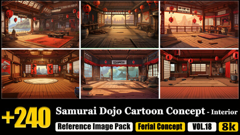 240 Samurai Dojo Cartoon Concept - Interior Reference Image Pack v.18